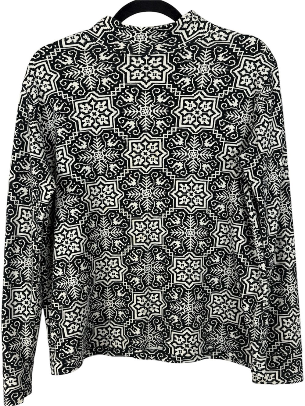 Lands' End Cotton Black White Geometric Mock Neck Long Sleeve Top - Size M
